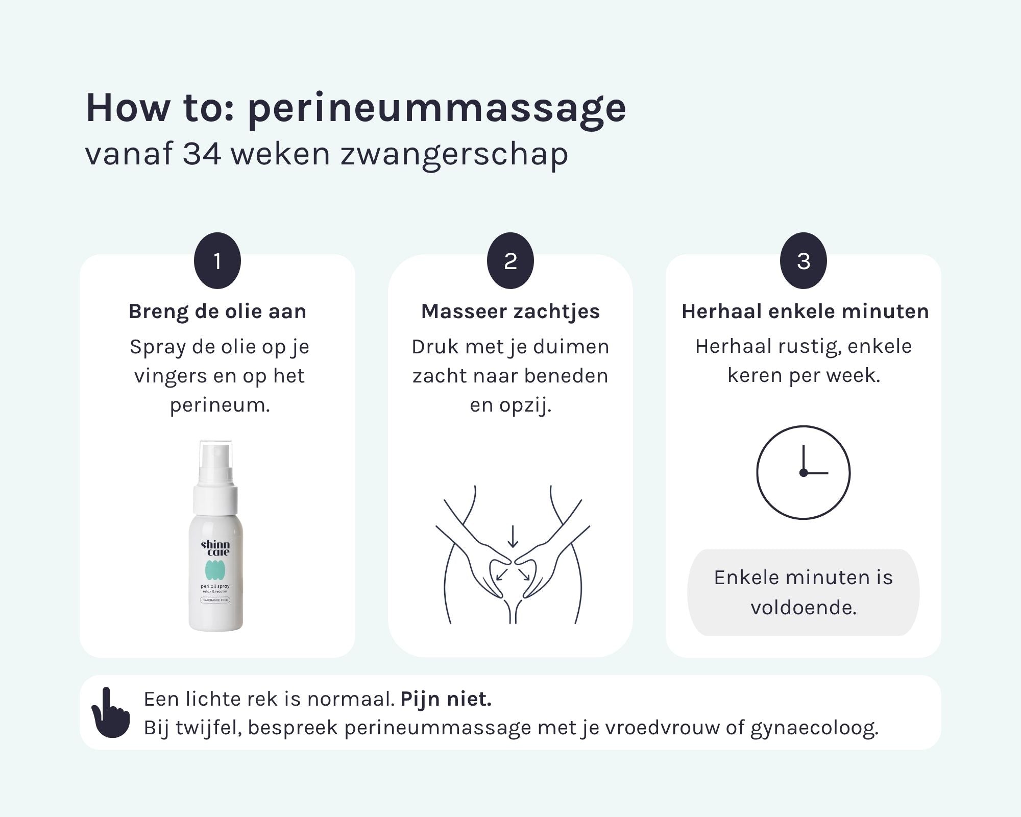 3 stappen tutorial perineummassage breng aan masseer zachtjes en herhaal