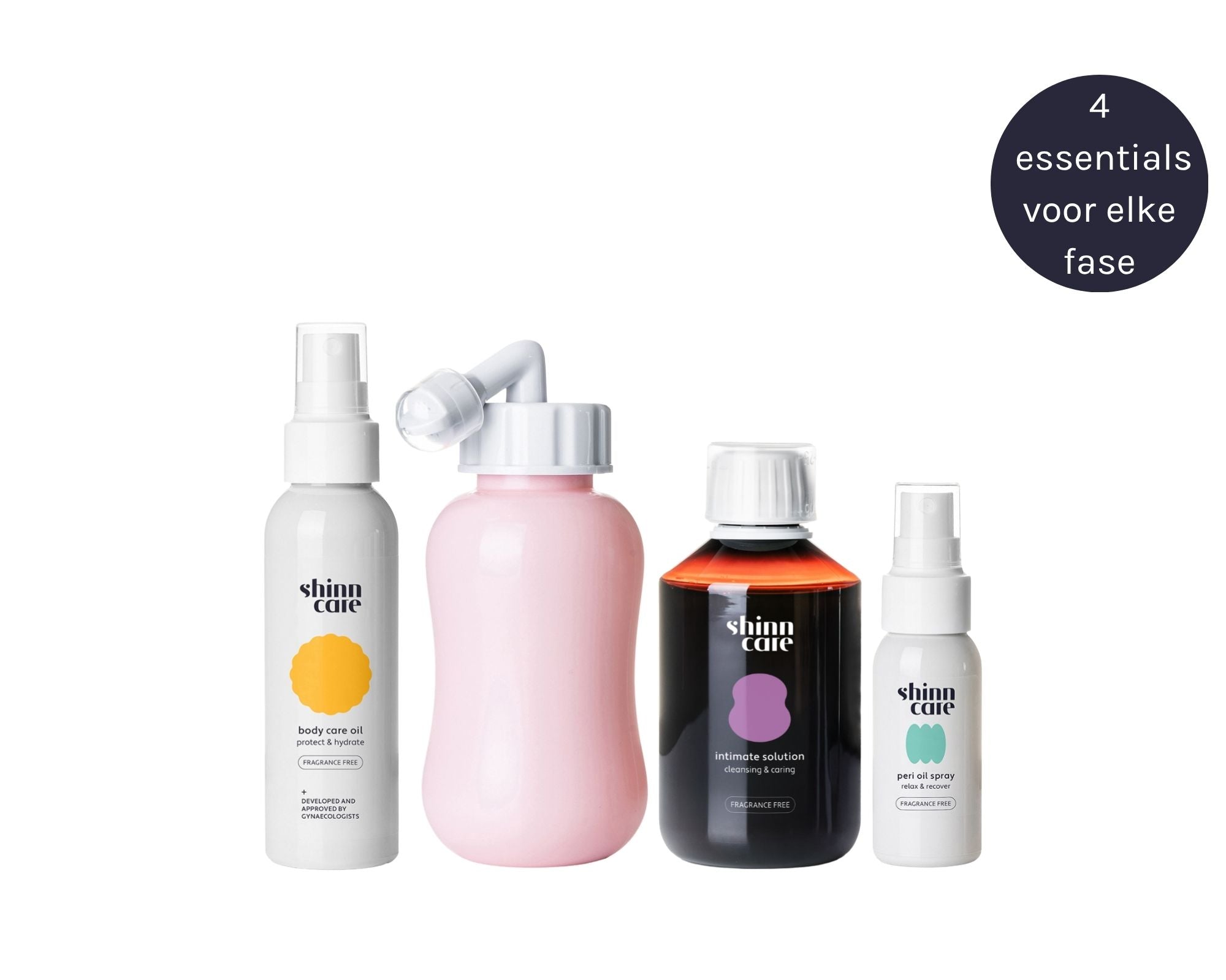 4 producten van de zwangerschapsbox van shinncare naast elkaar