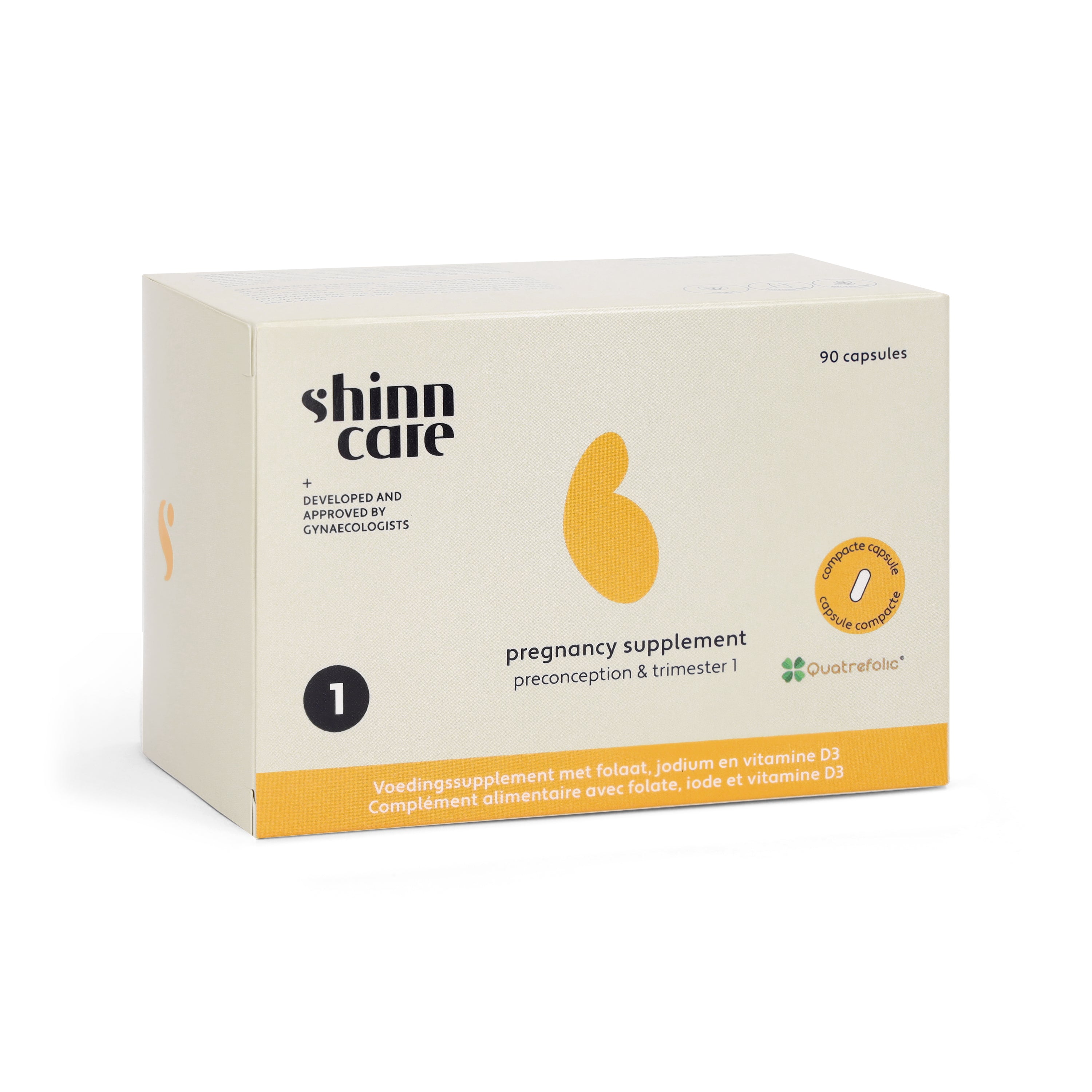 driekwart zicht van packaging shinncare zwangerschpassupplement 1